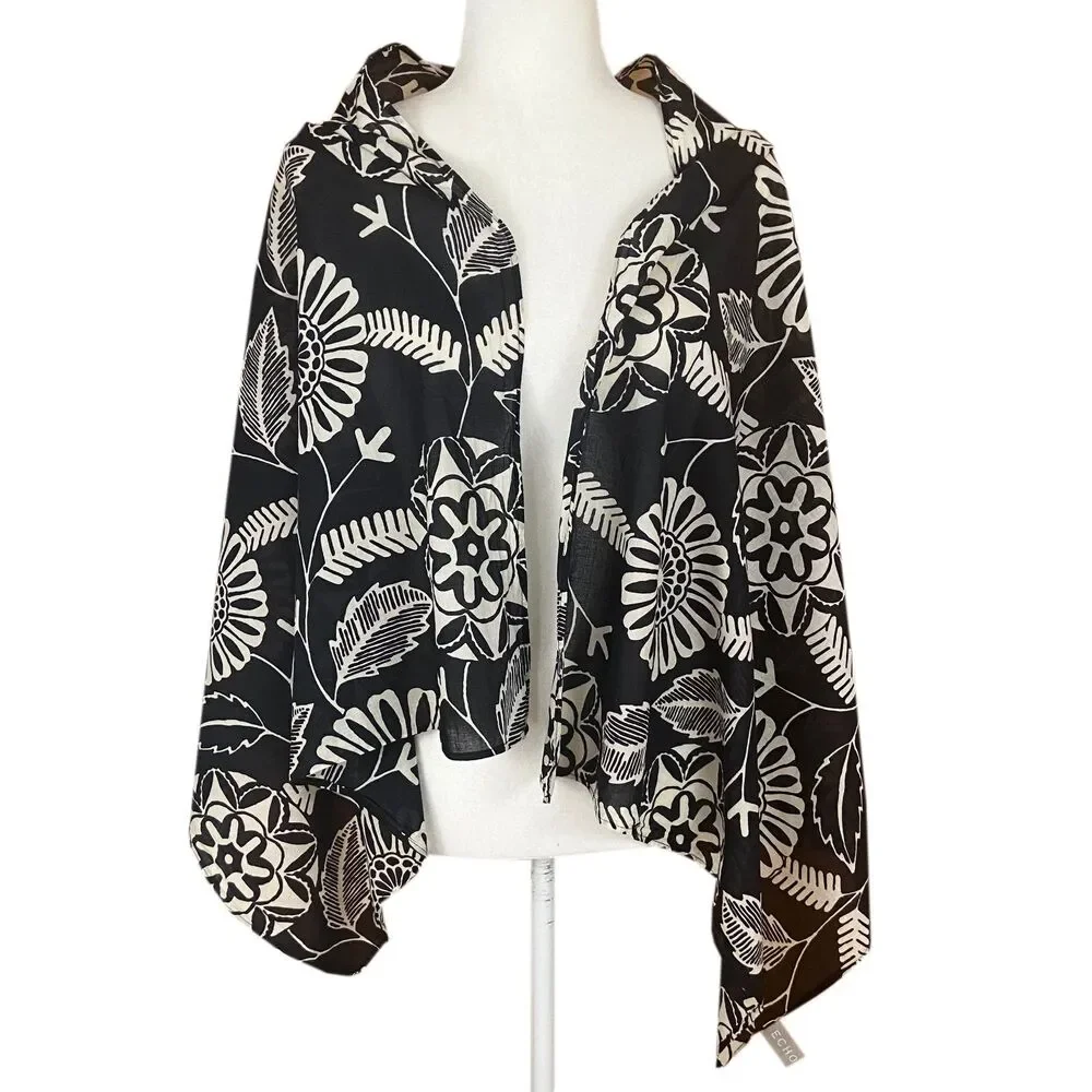 ECHO large black and beige floral 100% cotton scarf wrap 58-inches x 26-inches
